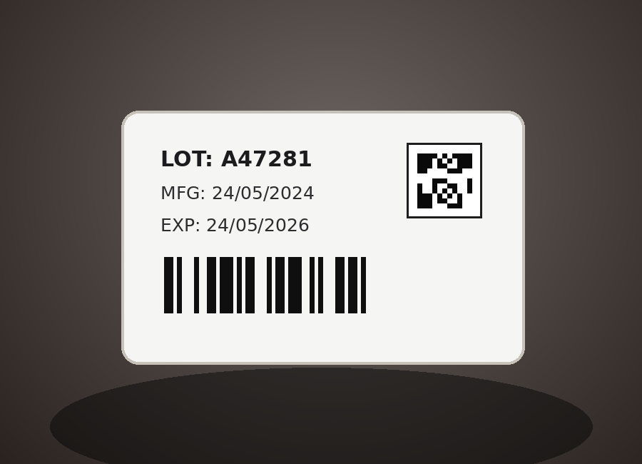White variable data label with readable lot details and barcode