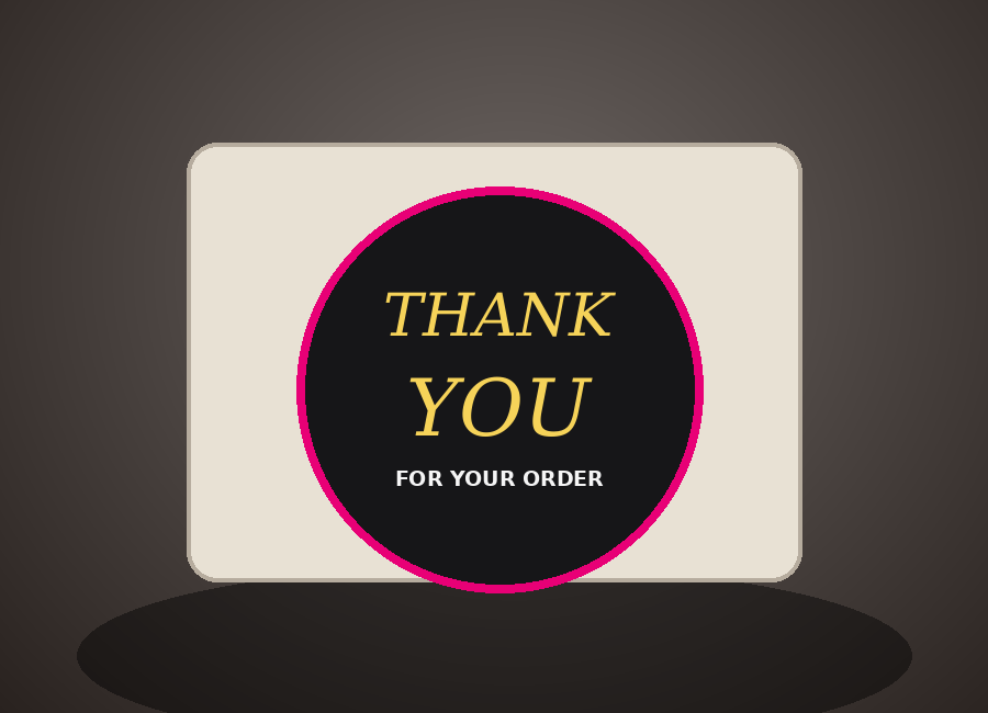 Round black custom thank you sticker on a neutral sheet
