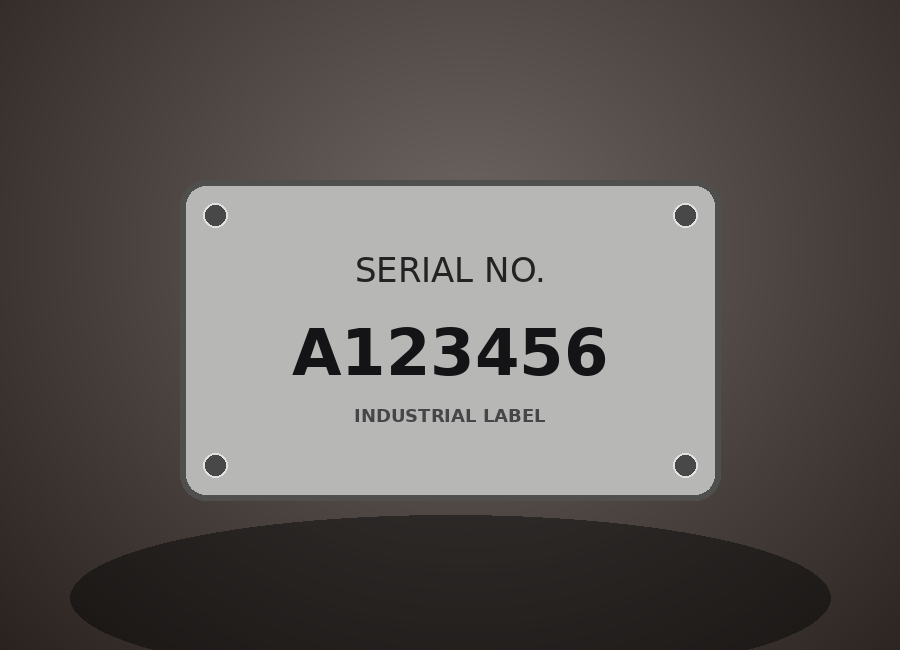 Metallic industrial style label showing serial number A123456