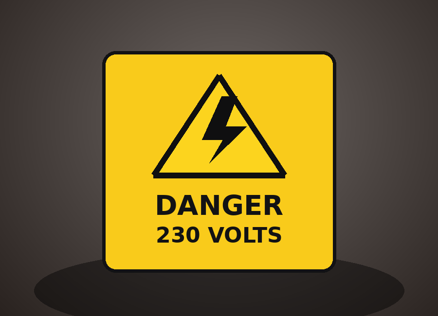 Yellow danger 230 volts warning label with bold readable text