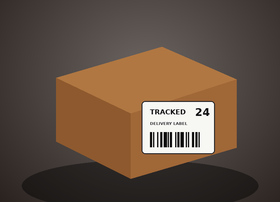 Cardboard parcel with a clean tracked delivery shipping label