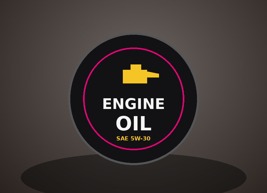 Black engine oil specialist product label with clear white and yellow lettering